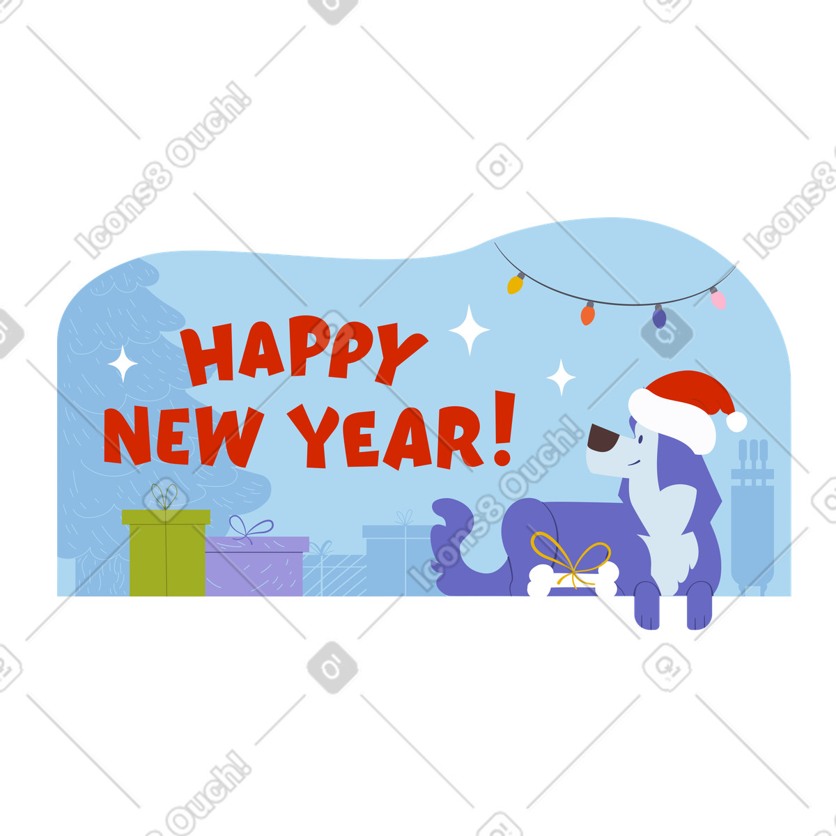 Ilustración Feliz año nuevo texto y perro mirando los regalos en estilo Woof a descargar en PNG SVG