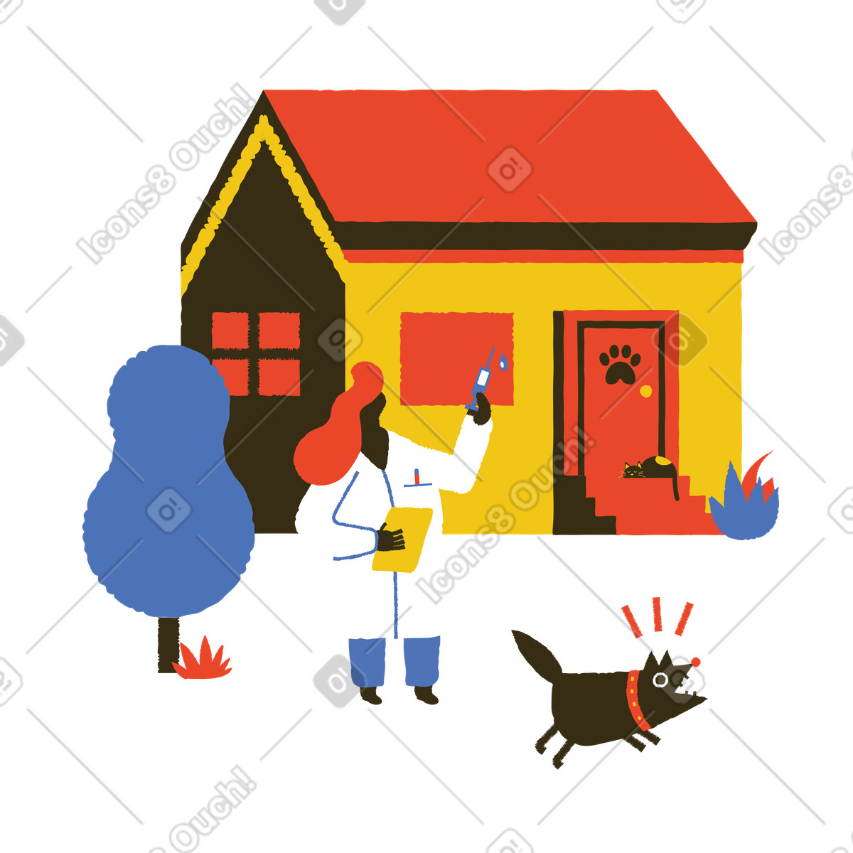 Illustration Un chien s'échappe de chez le vétérinaire avec une injection à la clinique dans style Bermuda télécharger aux formats PNG, SVG