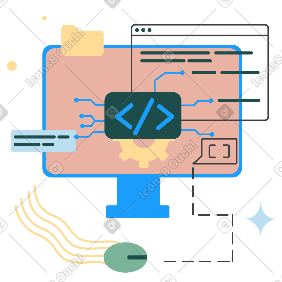 Monitor displaying code fragments, Introduction to computer programming illustration in Kiddo style download in PNG, SVG