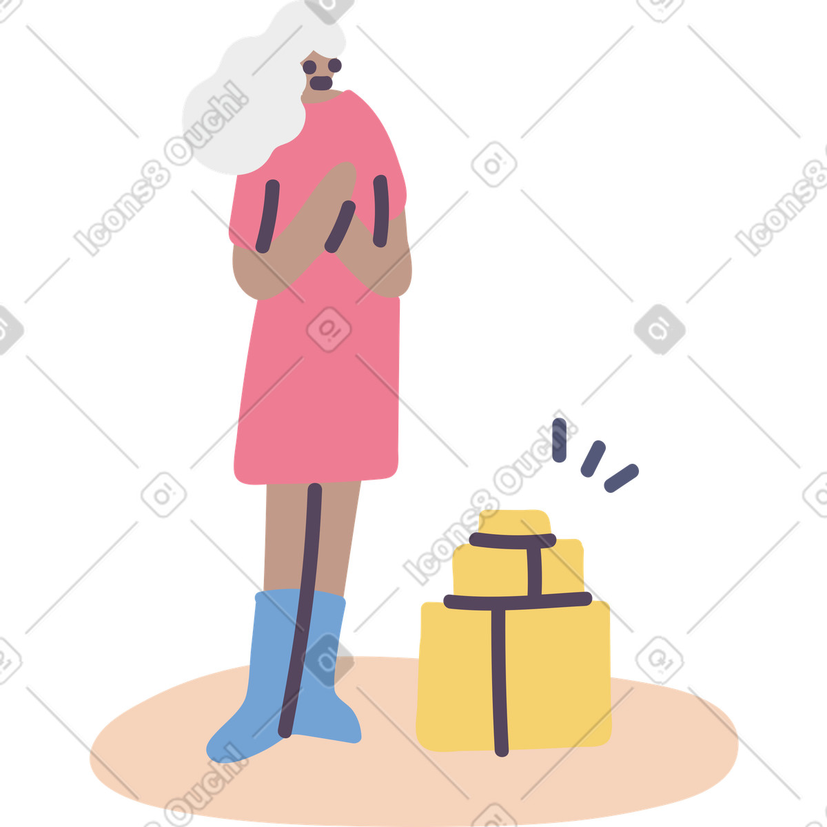 Old woman standing next to a pile of packages illustration in Pluto style download in PNG, SVG