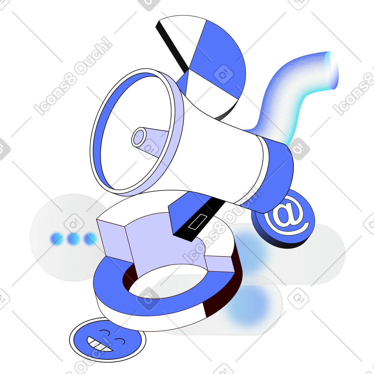 Megafono blu, simbolo di chiocciola ed emoji che rappresentano il marketing digitale illustrazione in stile Experimental scarica in PNG, SVG