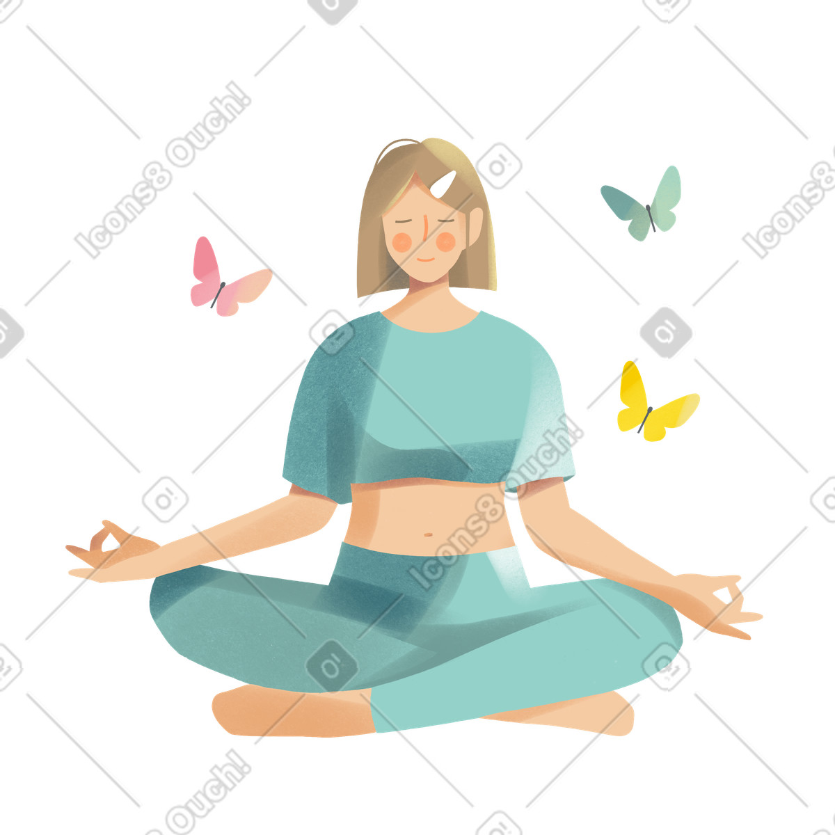 Young woman meditating in nature surrounded by butterflies animierte Illustration im Shine-Stil als Download GIF, Lottie (JSON), AE