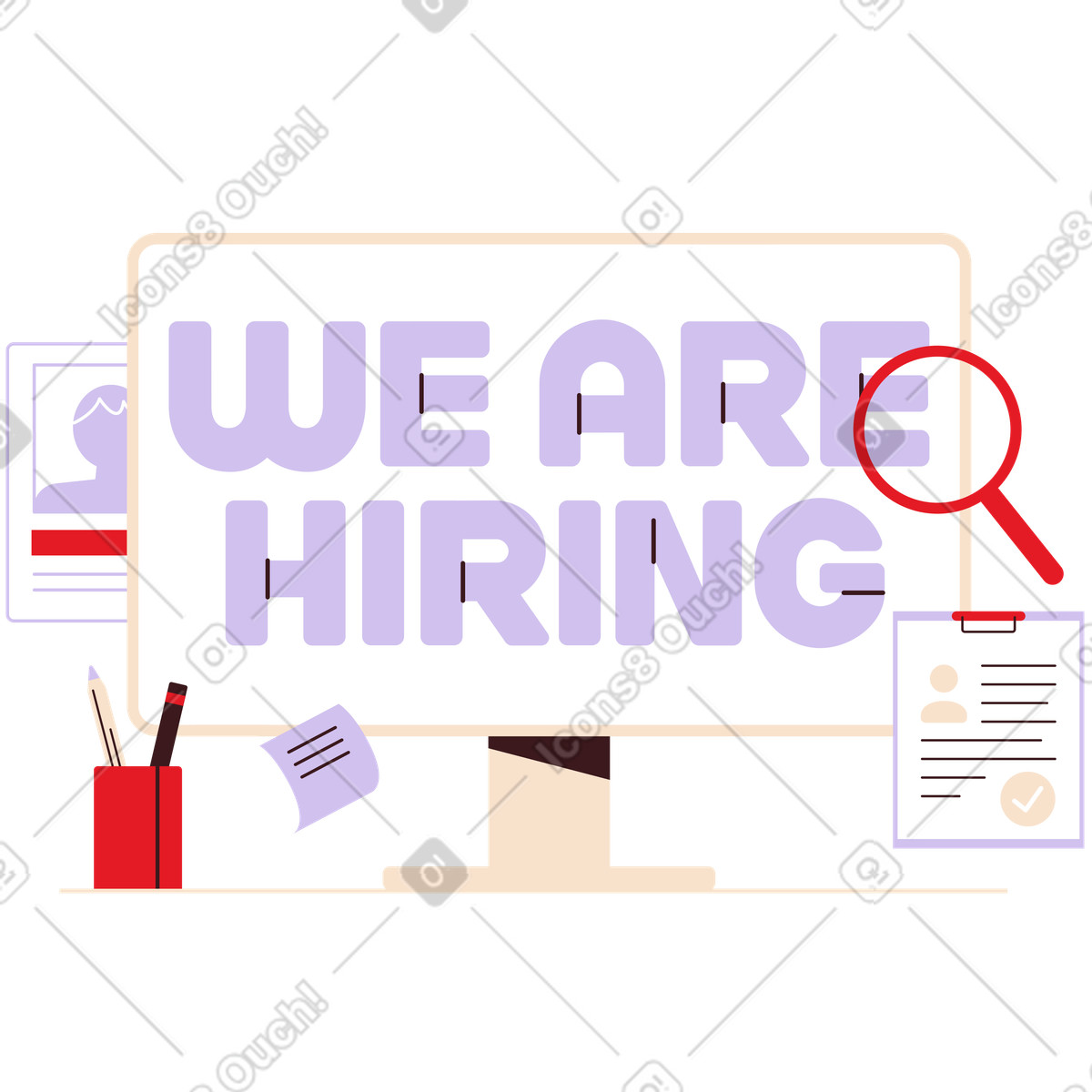 Desktop with We Are Hiring lettering and candidate papers, Job search talent acquisition illustration in Folks style download in PNG, SVG