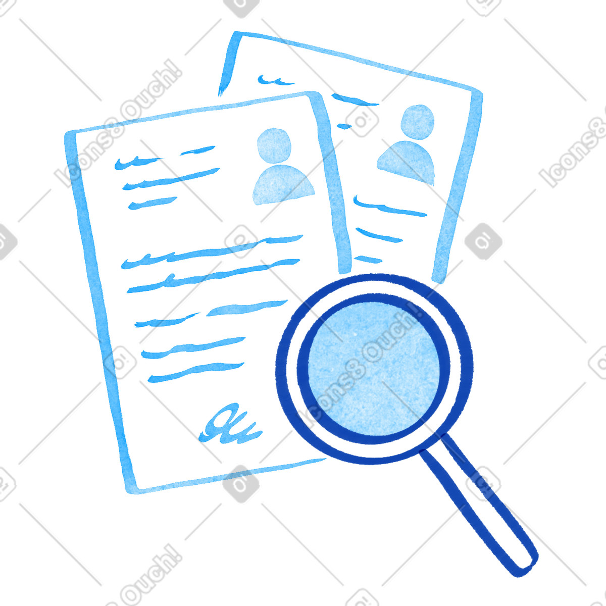 Ilustração de Magnifying glass inspecting personal documents with profile photos and signature em no estilo Tint para baixar em PNG, SVG