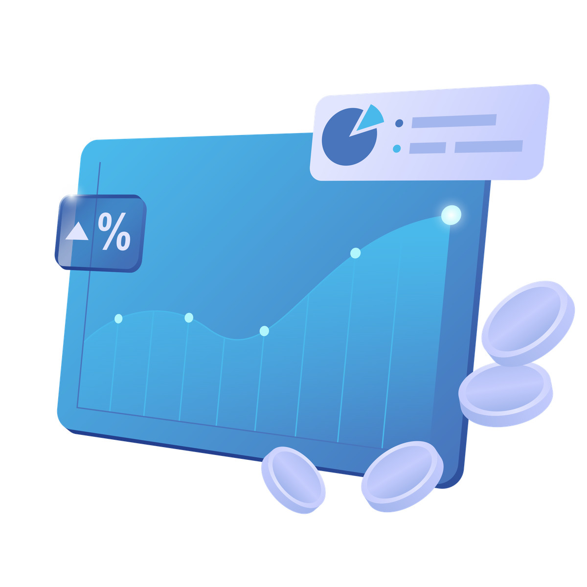Иллюстрация Dashboard with growing chart and coins, Financial analytics в стиле Quantum — скачать в форматах PNG, SVG