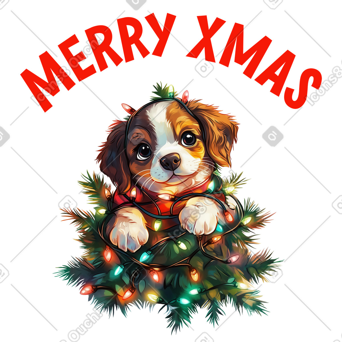 Christmas postcard puppy with lights and text Merry Xmas illustration in Postcards style download in PNG, SVG