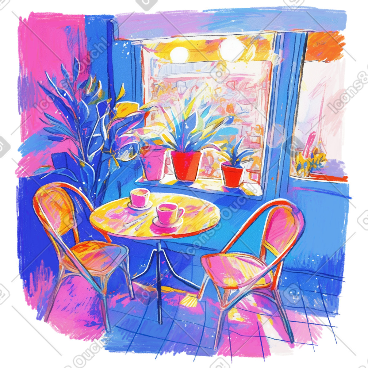 Illustration Coin café confortable près d'une fenêtre dans le style Fuchsia à télécharger aux formats PNG, SVG
