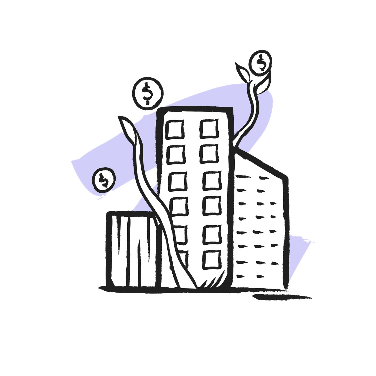 Pixeltrue icons 스타일의 Money sprouting from office buildings, Investment growth concept 일러스트레이션 PNG, SVG 다운로드