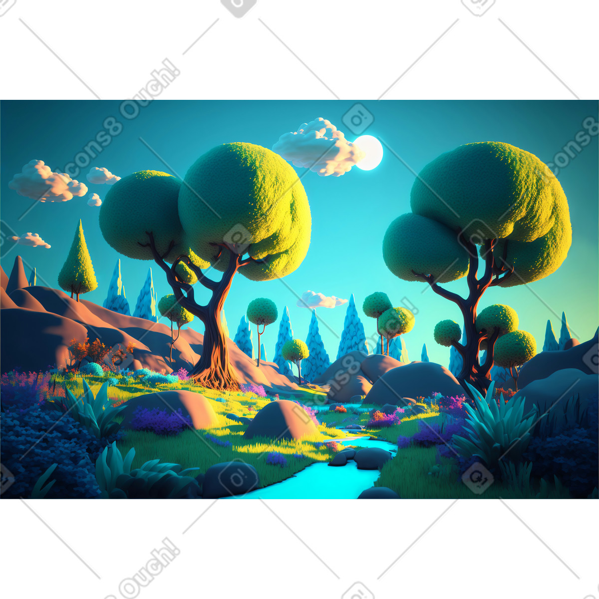 3D fantasy forest background illustration in Experimental style download in PNG, SVG