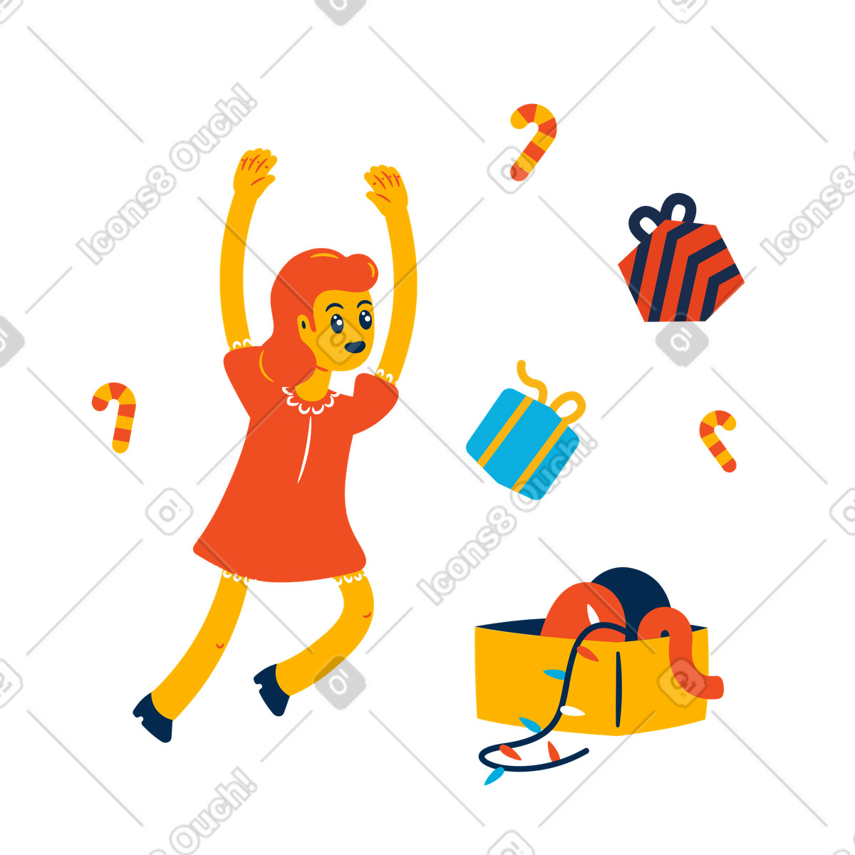 Illustration Fille excitée déballant des boîtes cadeaux dans le style Flame à télécharger aux formats PNG, SVG