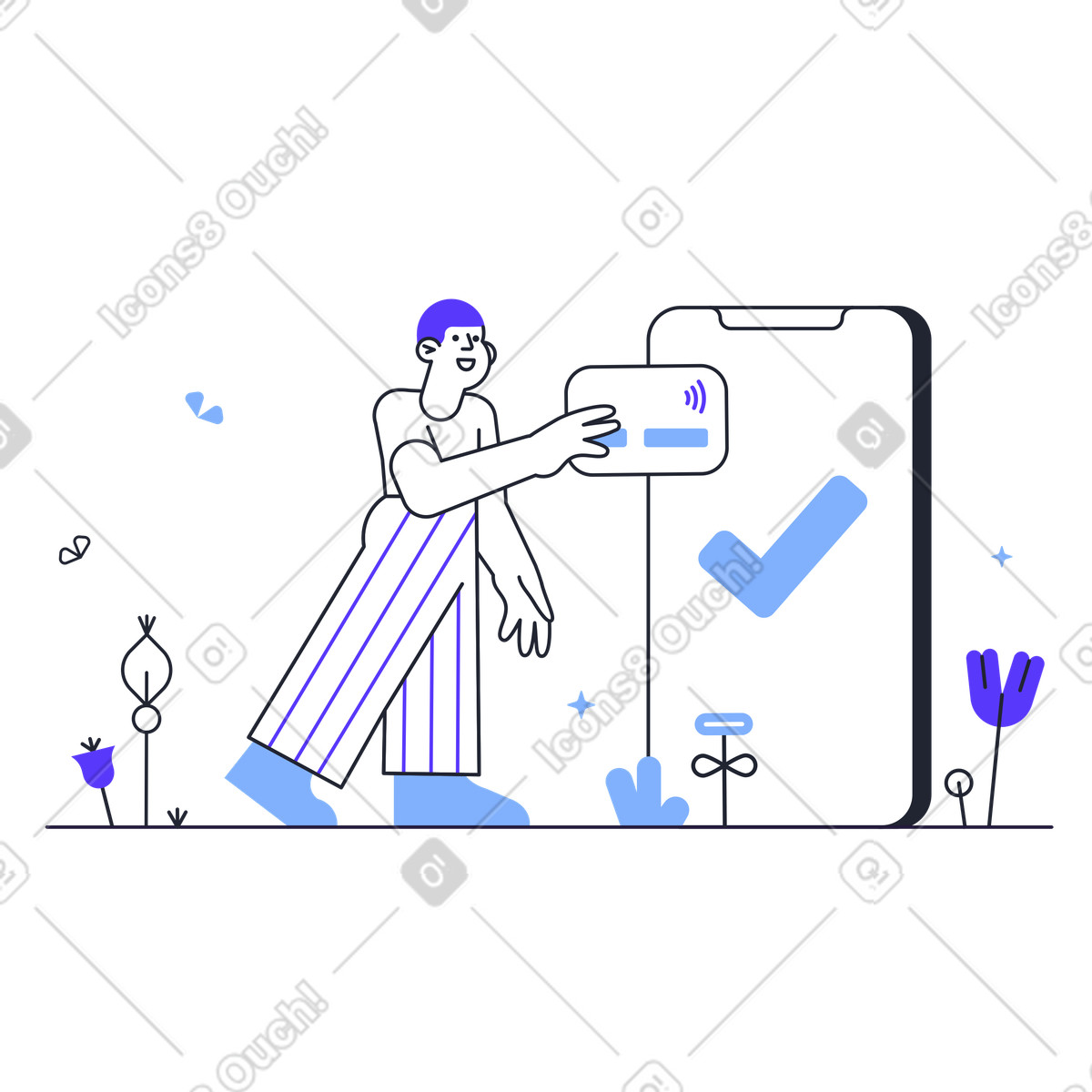 Man with a bank card stands next to cell phone illustration in Pablita style download in PNG, SVG