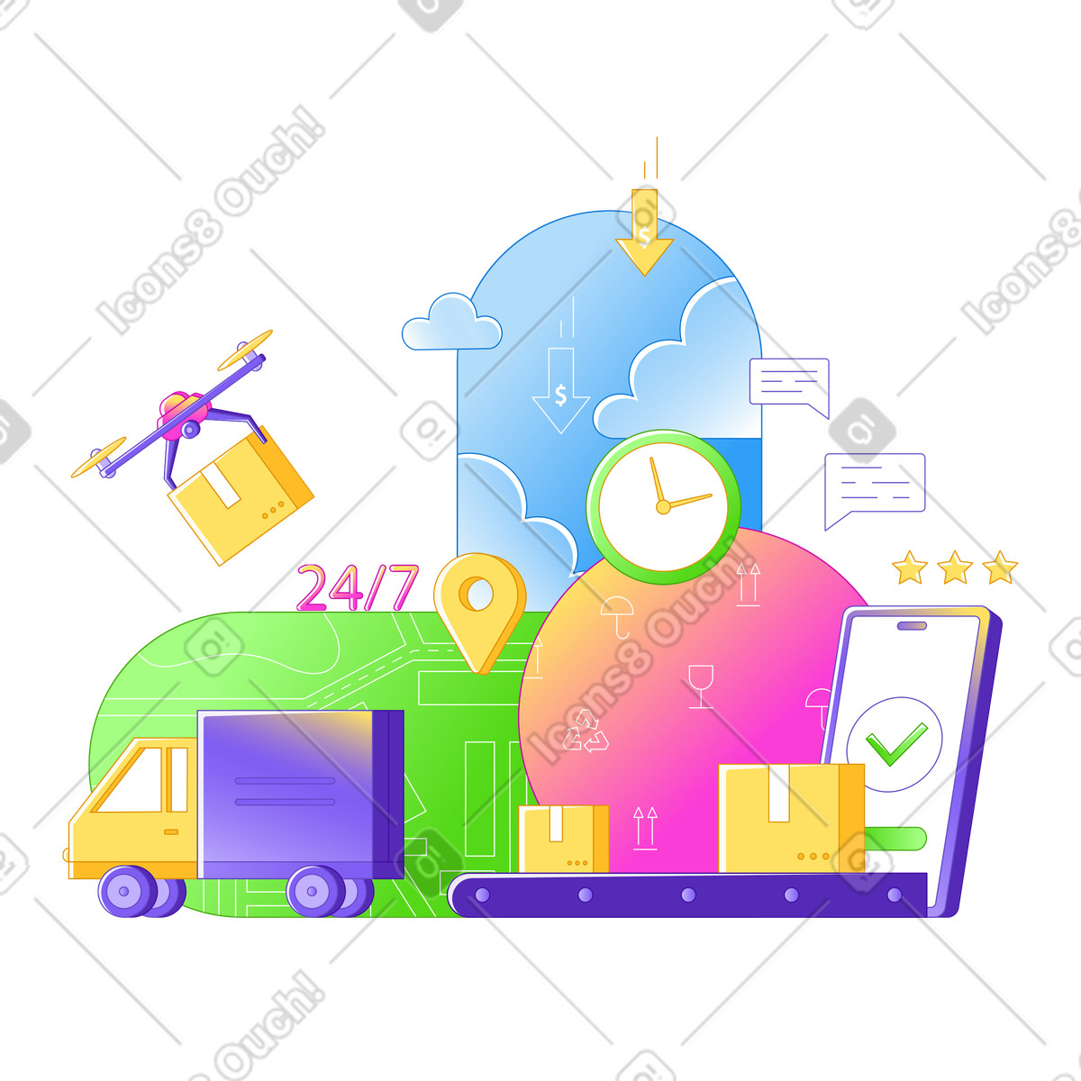 Rainbow スタイルの Logistics: truck and drone delivery のイラストをPNG、SVG形式でダウンロード