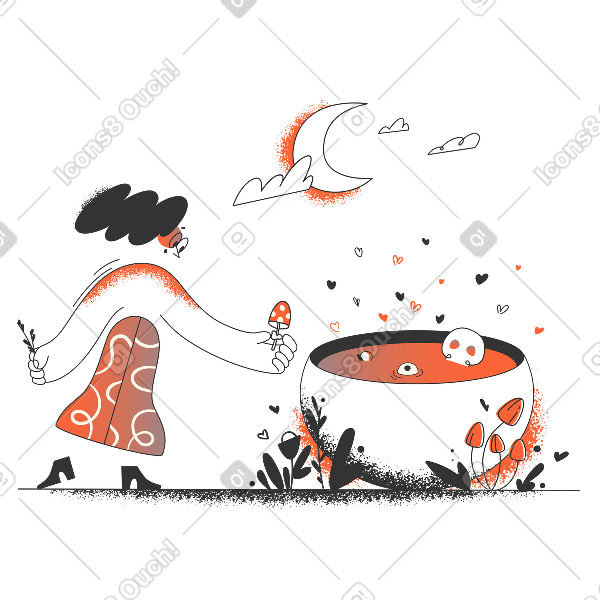 Witch putting ingredients into a cauldron illustration in PNG, SVG