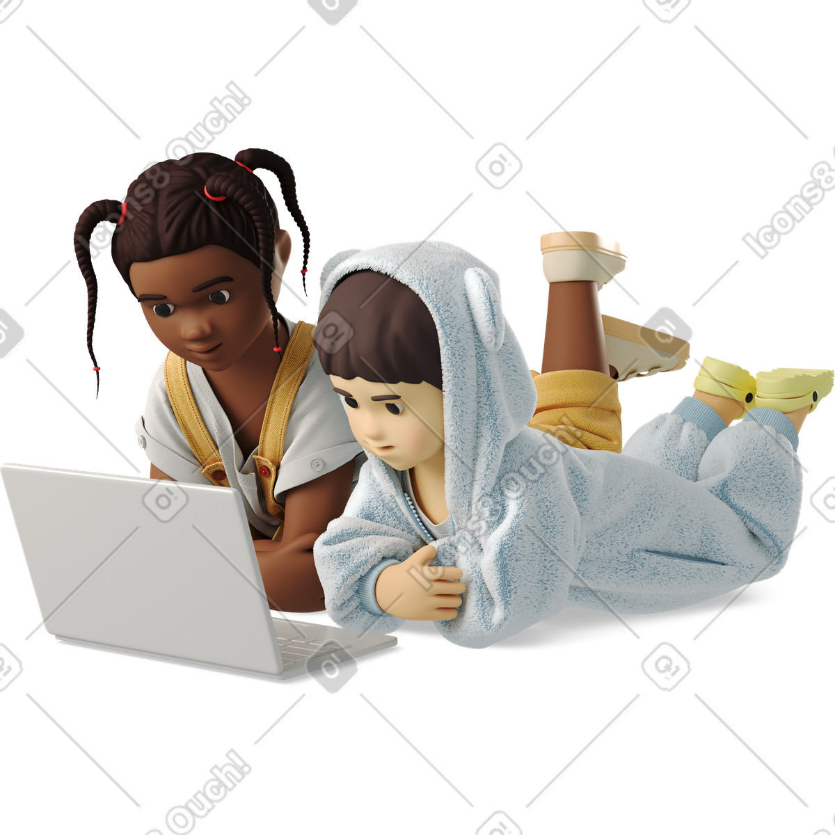 3D Business 스타일의 Small children looking at a laptop 일러스트레이션 PNG, SVG 다운로드