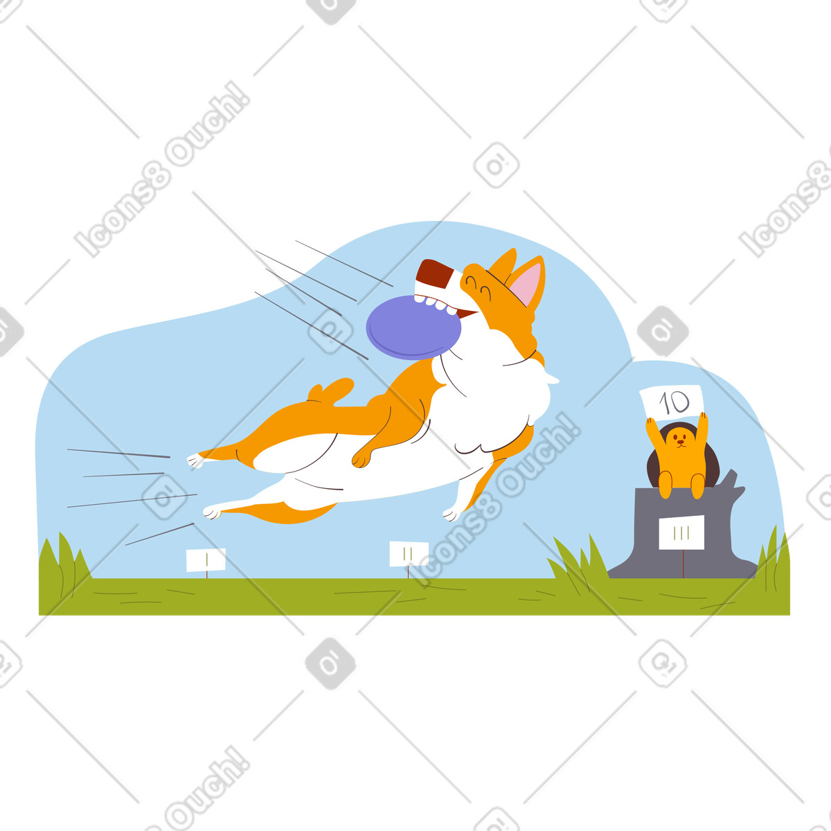 Cane che salta e prende un frisbee illustrazione in stile Woof scarica in PNG, SVG