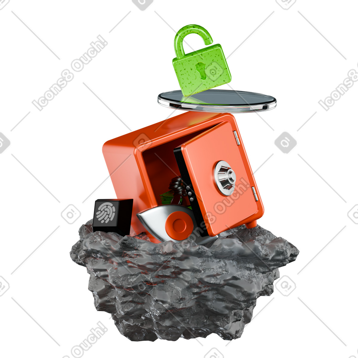 Biometrischer sicherheitssafe für vertrauliche speicherung-Illustration im 3D Platforms-Stil als Download in PNG, SVG