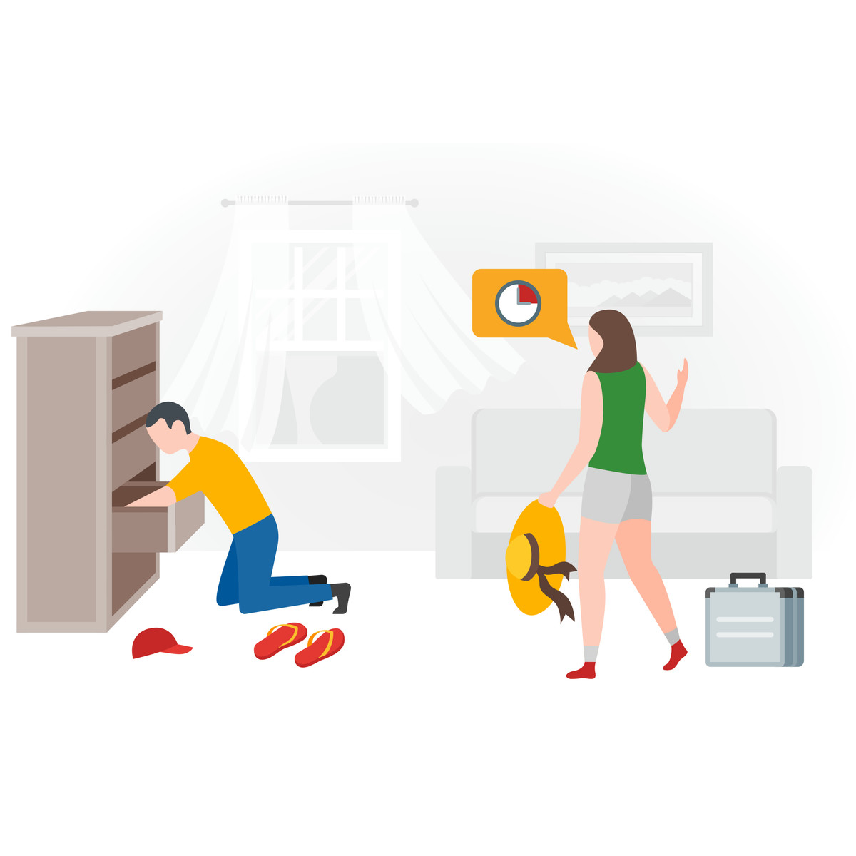 Last-minute packing for airport trip couple rushing in living room with suitcase and deadline clock illustrazione stile Fogg scarica PNG, SVG