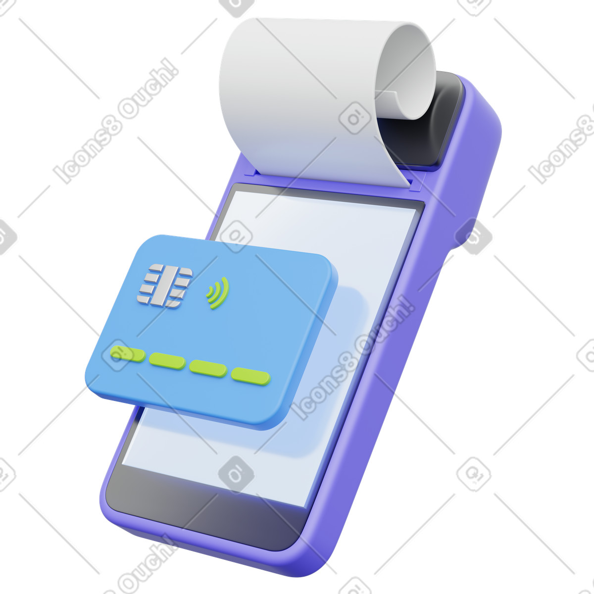 POS terminal NFC payment, Purple device printing receipt with contactless chip card, Wireless transaction illustration in 3D Playful style download in PNG, SVG