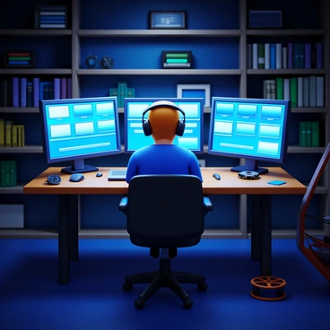 A film editor sitting at a large desk in a dimly lit studio. The editor has short hair and wears headphones, intently focused on multiple computer screens displaying video clips and timelines. The studio is cluttered with editing equipment, cables, and film reels scattered around. Soft blue and green lights illuminate the screens, casting a glow on the editor's face. In the background, shelves are filled with movies and various editing tools.