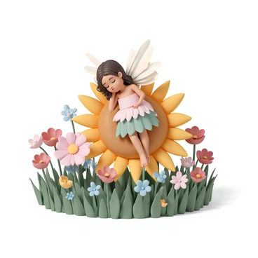 A whimsical fairy, with delicate, shimmering wings that reflect a rainbow of colors, is resting gently atop a large golden sunflower. The fairy has long, flowing hair adorned with tiny blossoms, and she wears a dress made of soft petals in various shades of green and pink. She is positioned with her eyes closed, a serene expression on her face. Surrounding her are vibrant flowers of different types and colors, including red poppies and bluebells, all basking in the warm sunlight of the field. The background is filled with lush green grass that sways gently in a light breeze.