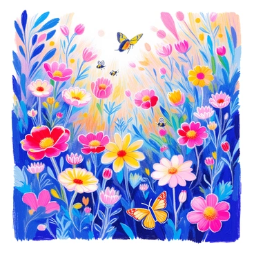 A lush garden is filled with blooming flowers in various colors, including vibrant reds, yellows, and purples. Buzzing bees are hovering around the flowers, collecting nectar. Several butterflies with intricate wing patterns are fluttering gracefully among the blossoms. The scene is alive with the vivid greens of the foliage, and sunlight filters through the leaves, casting gentle shadows on the ground.