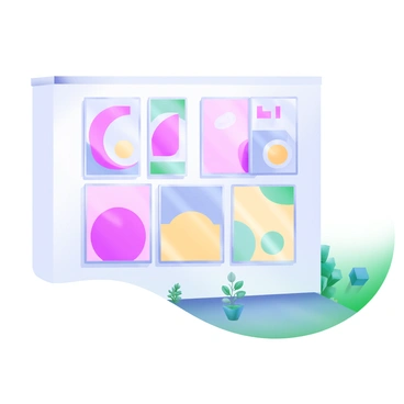 A modern pastel illustration of a wall art installation featuring various interchangeable panels. Each panel showcases a different abstract design in soft colors, including light pinks, blues, and yellows. The panels are arranged in a grid format on a white wall, with some panels flipped to reveal different patterns. There are subtle shadows cast on the wall, emphasizing the depth of the installation. A few small plants are placed at the base of the wall, adding a touch of greenery to the scene.