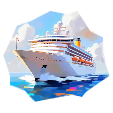 A luxury ocean liner gliding smoothly through the deep blue sea under a clear sky. The ship boasts elaborate art deco decor on the decks, featuring geometric patterns and elegant lines. Passengers can be seen enjoying the sun on deck chairs arranged tastefully along the railing. The ship's sleek hull contrasts with the vibrant colors of the ocean waves. A distant horizon meets the sky, completing the serene maritime scene.