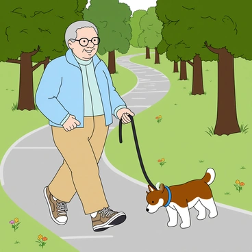 An elderly person with gray hair and wearing glasses is walking a small brown and white dog on a leash. The person is dressed in a light blue jacket, beige trousers, and comfortable sneakers. They are smiling as they stroll along a winding path lined with lush green trees on either side, casting dappled sunlight on the ground. The small dog, with wagging tail and perked ears, is eagerly exploring the surroundings, sniffing at the grass and leaves. The path is made of smooth light gray stones, and there are colorful flowers blooming along the edges.
