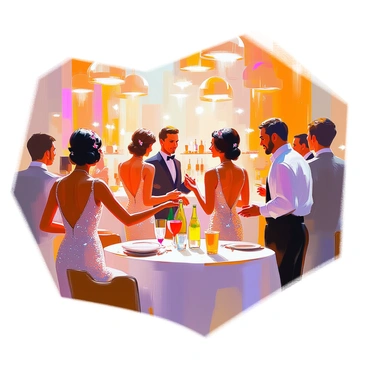 A vibrant party scene featuring guests dressed in art deco inspired fashion. The attendees are wearing elegant attire with geometric patterns, sequins, and bold colors, including flapper dresses and sharp suits. They are mingling and dancing under shimmering lights that cast a warm, inviting glow across the room. Tables are adorned with decorative centerpieces, and a vintage bar is visible in the background, showcasing an array of drinks. The atmosphere is filled with joy and movement as guests engage in lively conversations.