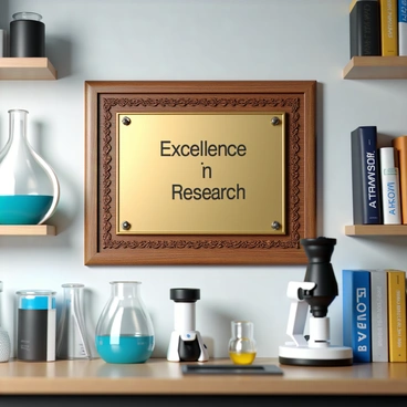 A science award plaque made of polished wood, featuring a gold plate engraved with "Excellence in Research" at the center. The plaque has a decorative border with intricate designs, and it is mounted on a wall in a well-lit laboratory. Surrounding the plaque are various laboratory equipment items, including beakers, test tubes, and a microscope, emphasizing the scientific environment. There are also a few books on a nearby shelf, showcasing titles related to research and innovation.