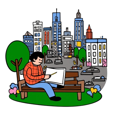 An artist with light skin and short black hair is sitting on a wooden park bench, sketching with a pencil on a large pad of paper. He is wearing a plaid shirt and denim jeans. In front of him, a bustling cityscape features tall buildings with various designs, busy streets filled with cars, and pedestrians walking by. Trees, flowers, and green grass surround the park bench, adding a touch of nature to the urban scene. The artist is focused on his work, capturing the vibrant life of the city around him.
