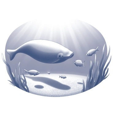 A dugong swimming gracefully in an underwater environment. The dugong is facing a group of small, curious fish that are surrounding it, displaying their inquisitive nature. The water is filled with aquatic plants swaying gently with the current. Sunlight filters down from the surface, creating a shimmering effect on the sandy ocean floor. The fish exhibit various shapes and sizes, creating a dynamic interaction with the dugong as it glides through the scene.