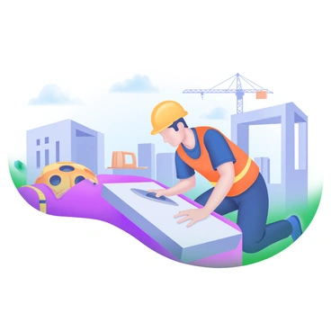 A modern pastel illustration of a construction worker wearing a yellow hard hat and a bright orange safety vest. The worker is kneeling on a construction site, closely inspecting freshly poured concrete, which has a smooth surface. Nearby, there are construction tools such as a trowel and a measuring tape resting on the ground. In the background, there are partially constructed building frames and construction equipment like a crane and a forklift. The sky is a light blue, indicating a sunny day.