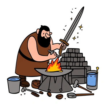 A dwarf with light skin and a thick black beard is standing at a forge, focused on his task of crafting a magnificent sword. He is wearing a brown leather apron over a simple shirt, and his muscular arms are covered in soot. The forge is ablaze with bright orange flames, illuminating the scene. The dwarf is hammering the glowing metal on an anvil, sparks flying from the steel as he works diligently. Tools are scattered around the forge, including hammers, tongs, and a quenching bucket filled with water. A large pile of raw metal ingots is visible in the background, showcasing the dwarf's hard work and dedication.
