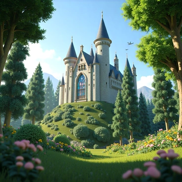 A large, majestic castle with tall, pointed towers and ornate battlements sits atop a green hill. The stone walls of the castle are adorned with intricate carvings and large stained glass windows that reflect vibrant colors. Surrounding the castle is a lush, enchanted forest filled with tall, leafy trees and colorful wildflowers. Sunlight filters through the canopy, creating dappled patterns on the ground. Birds can be seen flying in the clear blue sky above the castle, while small woodland creatures peek out from behind the trees.