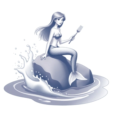 A mermaid with long flowing hair is sitting gracefully on a rocky outcrop. She holds a silver fork, known as a fourchette, delicately in one hand. The ocean waves crash around the rock, creating splashes of water that surround her. The scene captures the fluid movement of the waves as they swirl and froth, adding a dynamic element to the composition. The mermaid's tail shimmers as it drapes over the edge of the rock, reflecting the surrounding water.