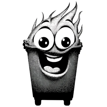A cartoon-style dumpster is positioned upright, featuring large, comical "flame" eyes that give it a lively expression. The dumpster has a wide, smiling face, showcasing a cheerful demeanor. The body of the dumpster is characterized by exaggerated, rounded edges, enhancing its playful appearance. The texture of the metal is illustrated with small dotted patterns, emphasizing the halftone dot style. The background is simple to keep the focus on the dumpster's whimsical features.