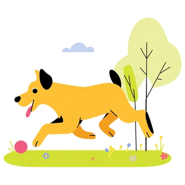 A dog with a shiny golden coat is energetically running after a bright red ball in a green park. The dog's ears are flapping in the wind, and its tongue is hanging out in joy. In the background, there are trees with vibrant green leaves and a clear blue sky. The ball is bouncing slightly ahead, and hints of motion lines emphasize the dog's speed and excitement. A few colorful wildflowers are scattered across the grass, adding to the lively atmosphere of the scene.