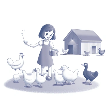 A young girl is standing on a farm, holding a small container filled with feed. She is tossing grains to a group of chickens pecking eagerly at the ground. Around her, various barnyard animals are present, including a few sheep grazing nearby, a curious goat watching from the side, and a duck waddling through the grass. The girl has a joyful expression on her face as she interacts with the animals. The scene captures the lively atmosphere of a farm setting, with a rustic barn visible in the background.