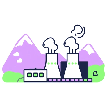 A geothermal power plant is located in a valley surrounded by towering mountains. The plant features several large, cylindrical structures with dotted details indicating windows and vents. Steam is rising from these structures, creating wispy clouds that drift upwards into the sky. In the background, the mountainous landscape is rugged and imposing, with sharp peaks and rocky surfaces visible. The scene conveys a sense of energy production and natural power, showcasing the interaction between technology and the natural environment.