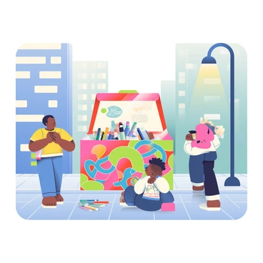 An urban setting where an illustration box acts as an art station, inviting passersby to create on the streets.
