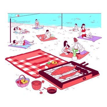 A white sandy beach is filled with people lounging under the sun, some are laying on colorful beach towels while others are playing beach volleyball. In the foreground, a large red and white picnic blanket is spread out, with a grill set up and a delicious red snapper sizzling on the grill. Nearby, a family is enjoying a picnic, with a basket filled with fruits and drinks. The bright sun is shining down, creating a lively and warm atmosphere.
