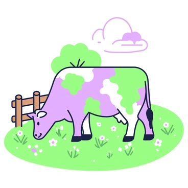 A cow is grazing peacefully in a field surrounded by green grass and scattered wildflowers. The cow has a unique coat that features a pattern of vivid colors resembling a rainbow. To the left of the cow, there is a wooden fence that encloses the lush field. In the background, a cluster of trees provides shade and adds depth to the scene. The sky above is clear with a few fluffy clouds drifting by.