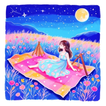 A girl with long brown hair is lying on a colorful blanket spread out across a grassy field. She is wearing a light blue dress decorated with white flowers. The night sky above is filled with numerous stars, and a few constellations are visible. Beside her, there is a small telescope pointing towards the sky. The blanket is surrounded by wildflowers, and the moon casts a gentle light over the scene.