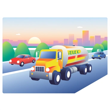 A large fuel tanker truck is driving on a busy highway. The truck is painted in bright yellow with reflective stripes and has a shiny silver tanker container. In the background, multiple cars are moving in both directions, including a red sedan and a blue SUV. The sky is transitioning from deep blue to warm orange and soft pink hues as the sun rises on the horizon. The highway is lined with green trees and a distant city skyline can be seen. The road is slightly wet, hinting at recent rain.