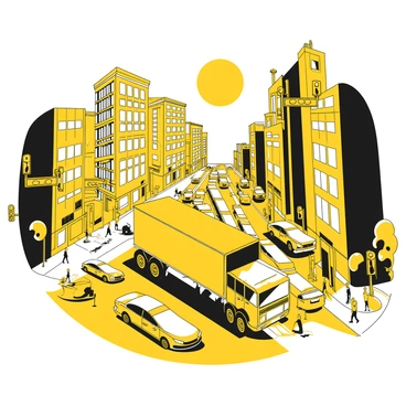 A large truck moving through a crowded city street filled with vehicles. The truck is outfitted with a prominent yellow body and black details. Surrounding the truck are various cars, taxis, and buses, all engaged in navigation through the busy thoroughfare. Tall buildings rise in the background, featuring details such as windows and signs. Pedestrians can be seen on the sidewalks, some waiting at traffic lights and others crossing the street, creating a dynamic urban scene. The sky above is clear, allowing the sunlight to illuminate the bustling atmosphere.