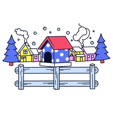 A colorful birdhouse with a red roof and blue walls, featuring white polka dots. The birdhouse is perched on a snow-covered wooden fence post, which is weathered and has a rustic texture. The surrounding scene includes gently falling snowflakes and a backdrop of quaint village houses with smoke billowing from their chimneys. Pine trees dusted with snow frame the village, creating a cozy winter atmosphere.