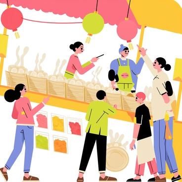 A bustling Chinese food market stall filled with colorful ingredients. A variety of steaming dumplings are arranged neatly in bamboo baskets, showcasing their delicate shapes. Vibrant spices in small, clear jars line the edges of the stall, with rich reds, yellows, and greens visible. A vendor is busy preparing food, wearing a traditional apron. Brightly colored paper lanterns hang above, adding to the lively atmosphere of the market. Customers are gathered around, eagerly pointing at different dishes and chatting excitedly.