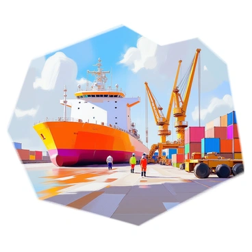 A vibrant tank barge, painted in bright colors, is docked at a busy port filled with activity. The barge is large and prominently positioned at the dock, showcasing its sleek design. Surrounding the barge, numerous shipping containers in various colors are stacked, creating a lively contrast against the neutral tones of the port. Workers in safety gear are busily moving about, loading and unloading cargo from the barge. In the background, cranes are towering over the port, actively lifting containers, while a clear blue sky stretches above, dotted with a few clouds. The scene captures the essence of maritime industry and commerce.