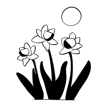 Daffodils with trumpet-shaped blossoms are blooming in a field. The flowers stand tall, surrounded by lush green leaves. A large sun is rising in the background, filling the scene with a warm glow that highlights the petals of the flowers. Shadows of the daffodils stretch towards the ground as the light intensifies.